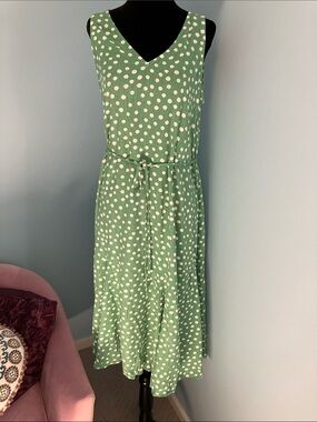 LOFT Mint Green Polka Dot Sleeveless Midi Dress with Waist Tie